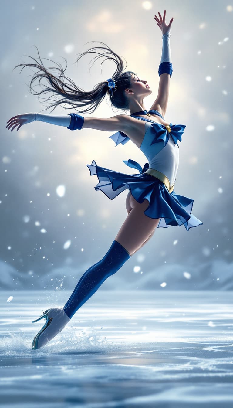 AI generated: Full length shot (FLS) of a beautiful Sailor Moon ice dancing, photorealistic, Hasselblad Camera, 8k...
