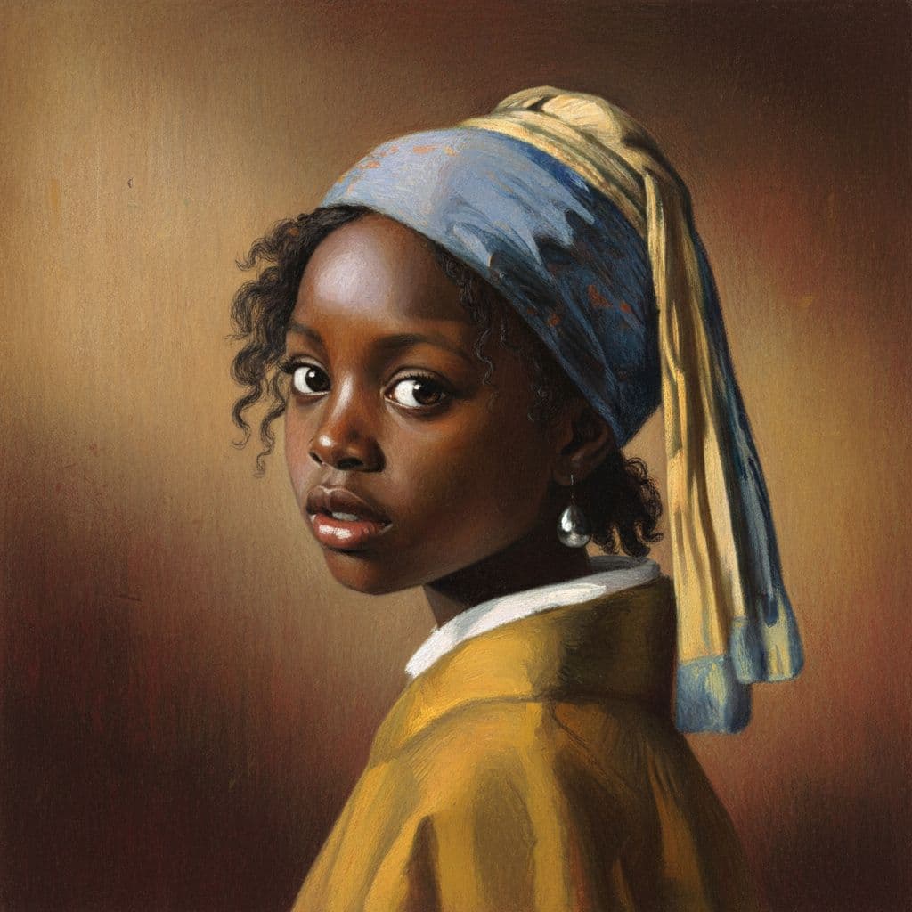 AI generated: "Girl with a pearl earing", Jerry Pinkney style --ar 2:3 --q 2