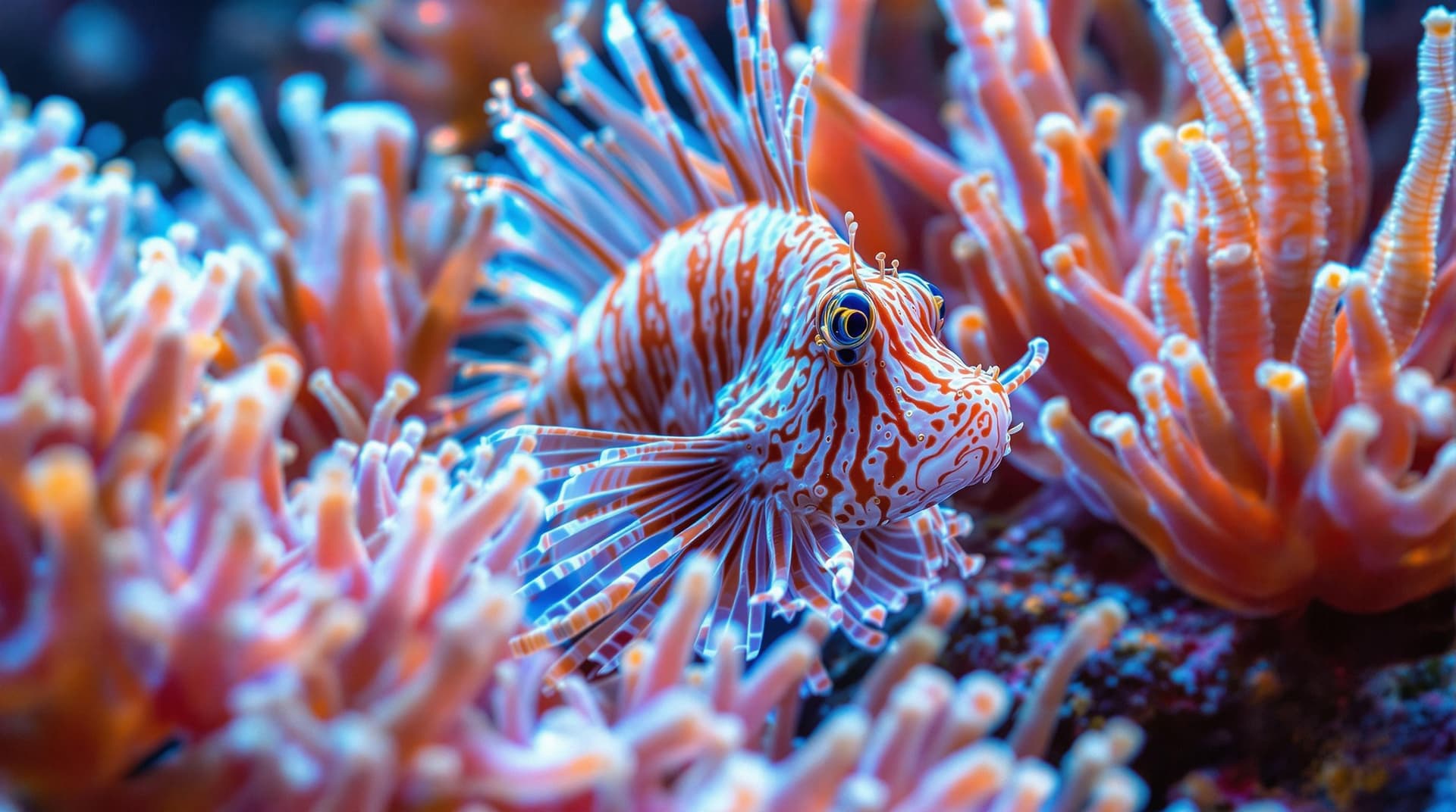 AI generated:   3d  lion fish, photo realism in natural   tone colors,made with gopro camera  super macro shot, sp...