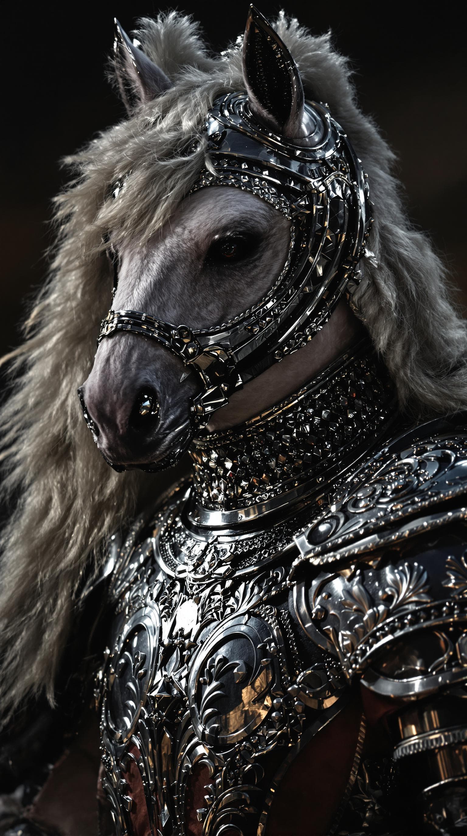 AI generated: horse knight, portrait, finely detailed armour, intricate design, silver, silk, cinematic lighting, ...