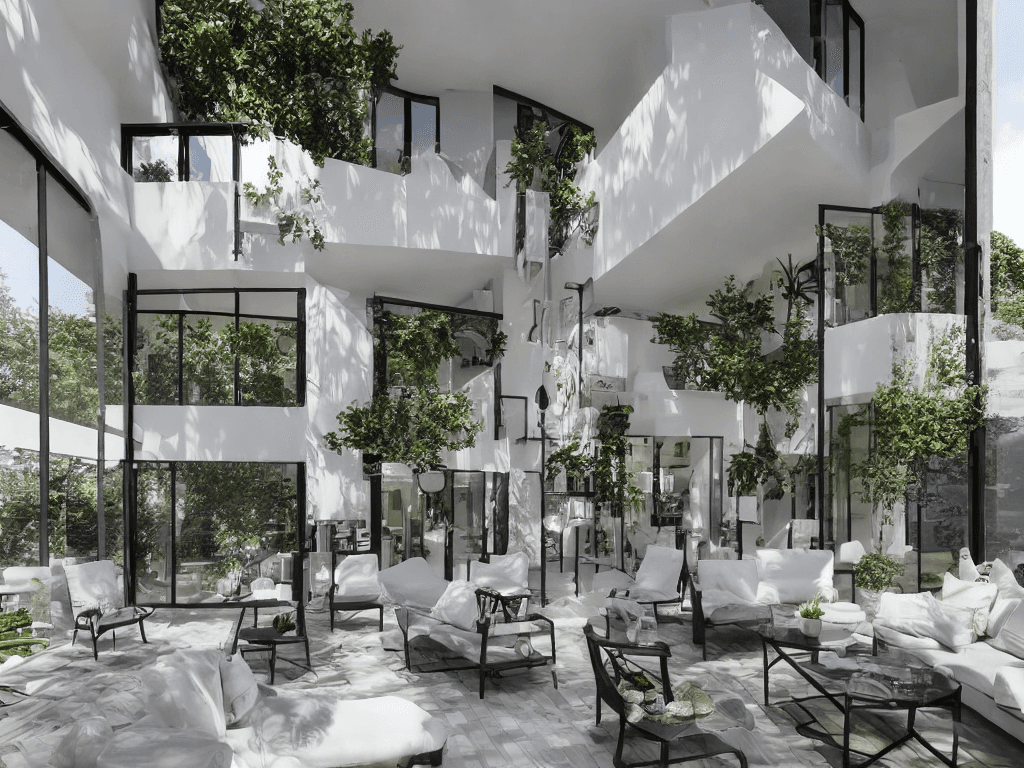 AI generated: 8 meters long and 1.6 meters wide balcony, floor-to-ceiling windows, three-tier flower shelves, loun...