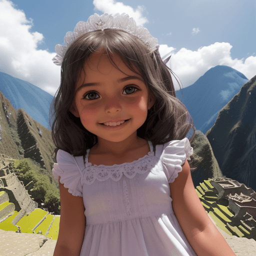 AI generated: Ultra realista foto de hermosa niña cuzqueña en Machupicchu. La niña está muy feliz, abre los brazos...