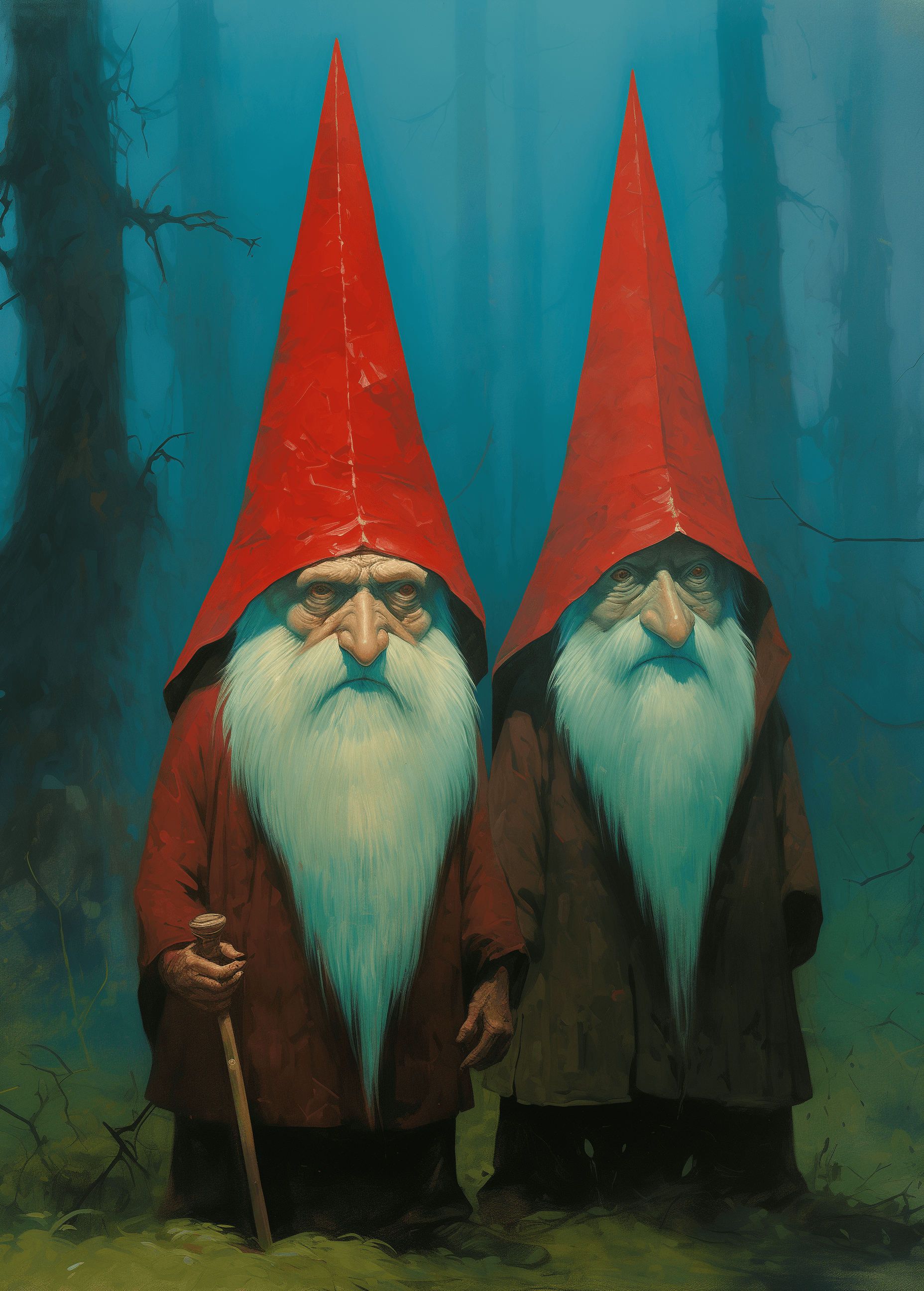 AI generated: A realistic photo of two happy gnomes with red pointy hats and blue cloaks, one is taller than the o...