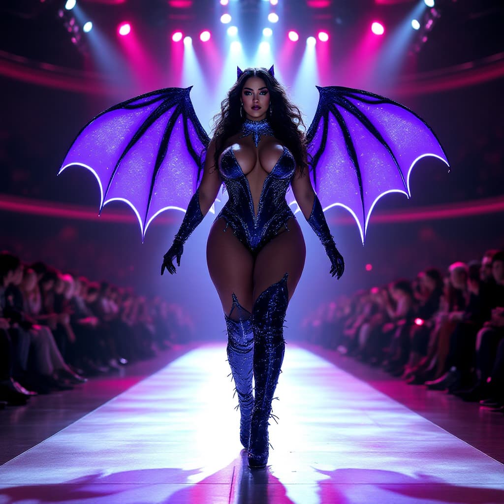 AI generated: Full-length shot of a Stunning Curvy woman on a fashion show runway. Latin American, 20-30s, with a ...