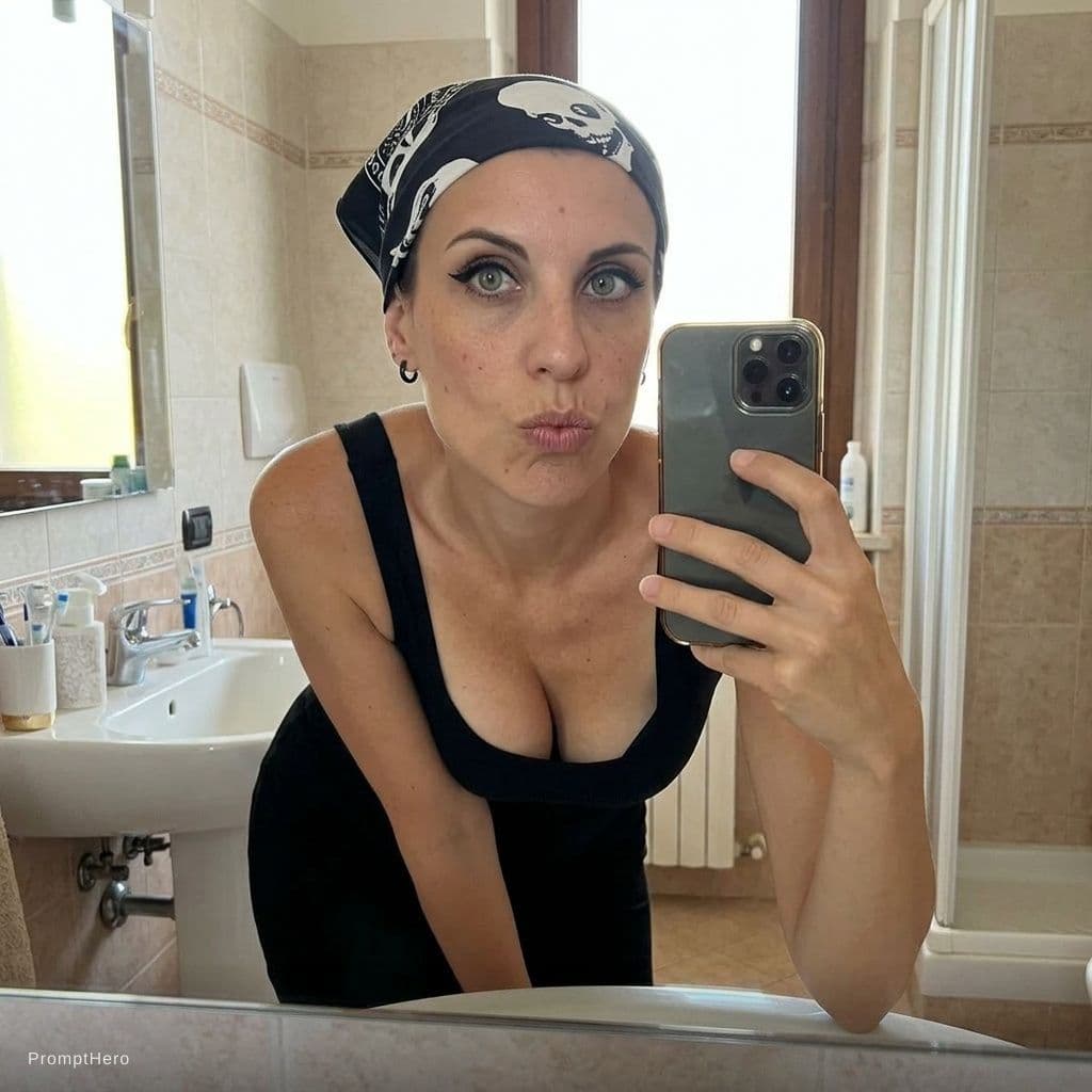 AI generated: looking at me. Taking a bathroom mirror selfie, wearing same (cleavage) bodycon dress leaning forwar...