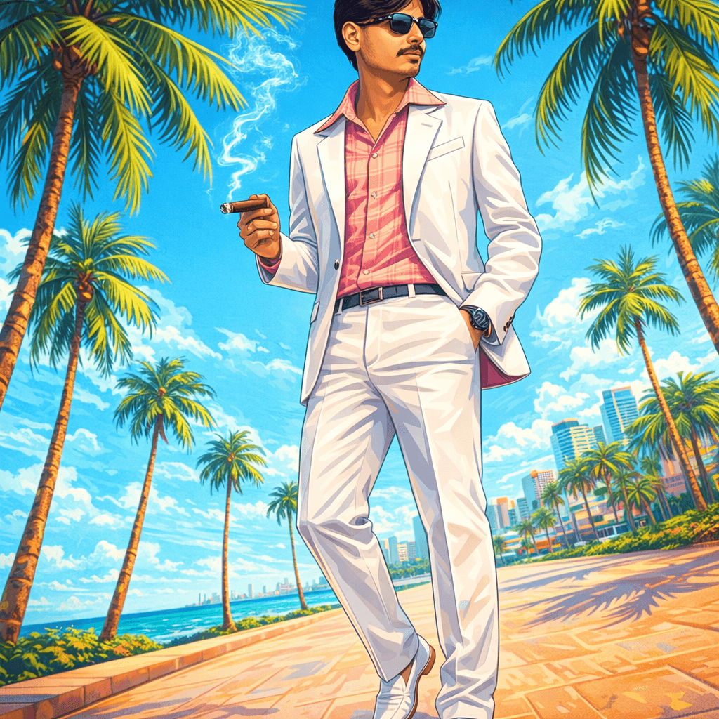 AI generated: Full-body a boy  Miami setting. He's wearing a pink wide-collar shirt under a white suit, with white...
