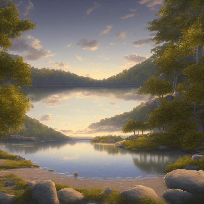 AI generated: photorealistic oil on canvas, small clouds, beach by a lake and river, trees,  beautiful setting, ro...