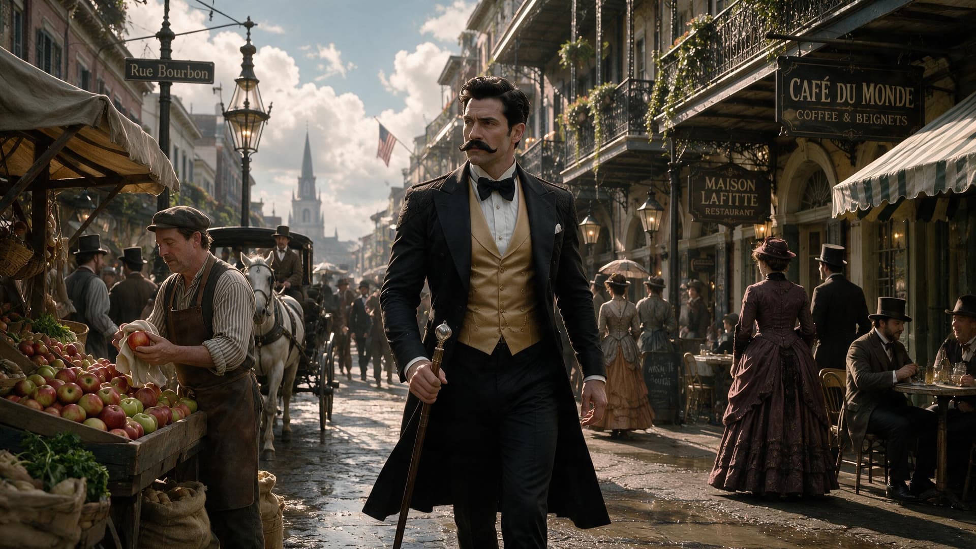 AI generated: Create a cinematic scene

1875, New Orleans 

An outdoor market. 

Let's see a French merchant polis...