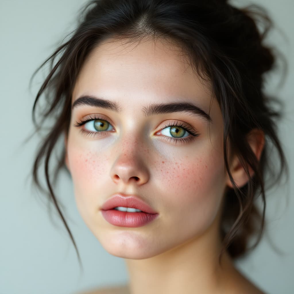 AI generated: Close-up portrait of a woman with green eyes, light freckles, and dark hair styled in loose tendrils...