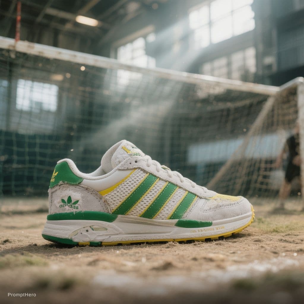 AI generated: photograph, productive, Adidas , white and Green ange, yellow, reflection