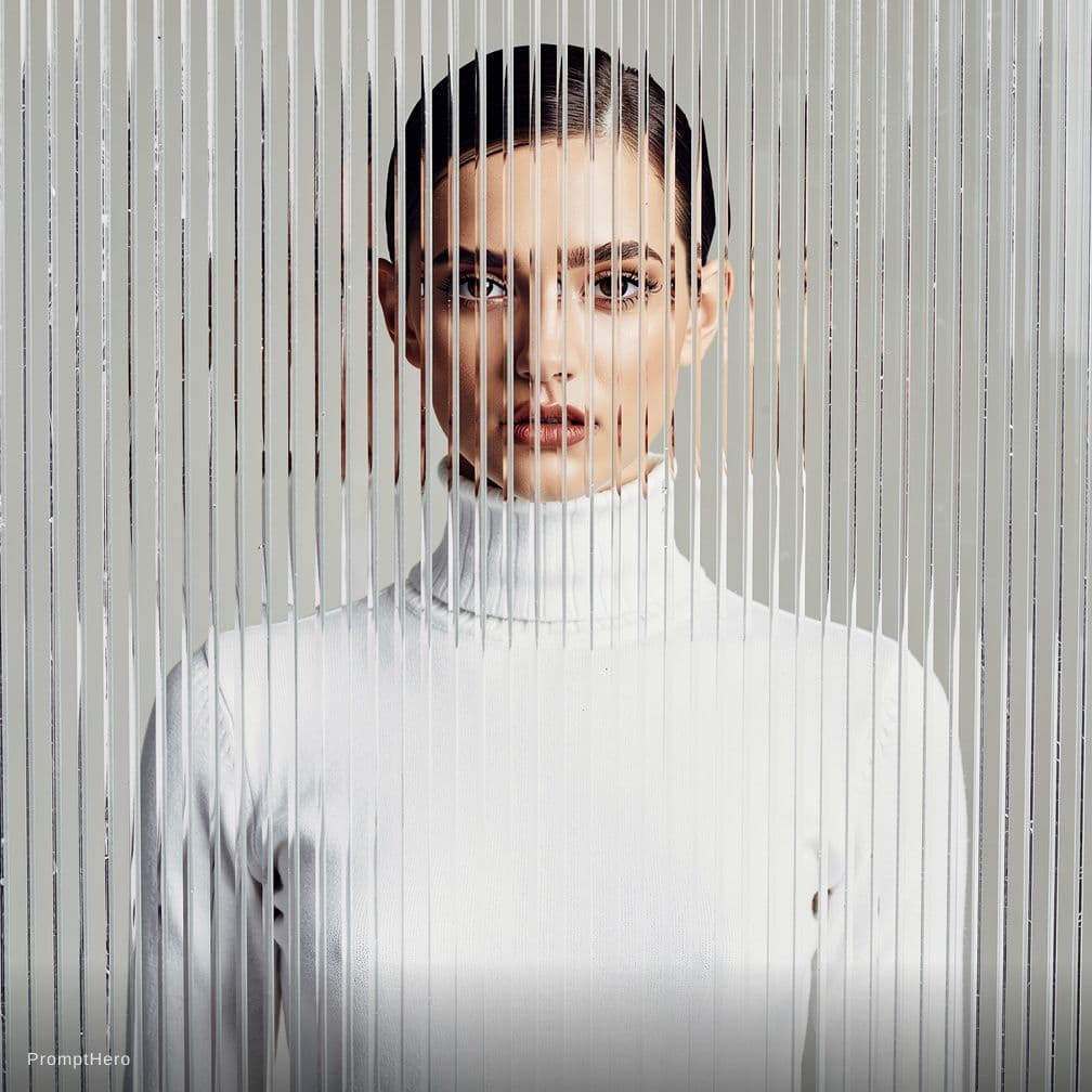 AI generated: high resolution photography, front central profile, woman facing front, gaze to front, wearing a whi...