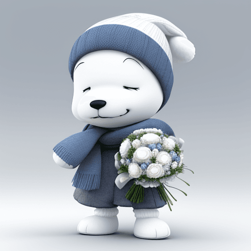 AI generated: A cartoon baby snoopy wearing a woolen hat with light white ears and a light white scarf, carrying a...