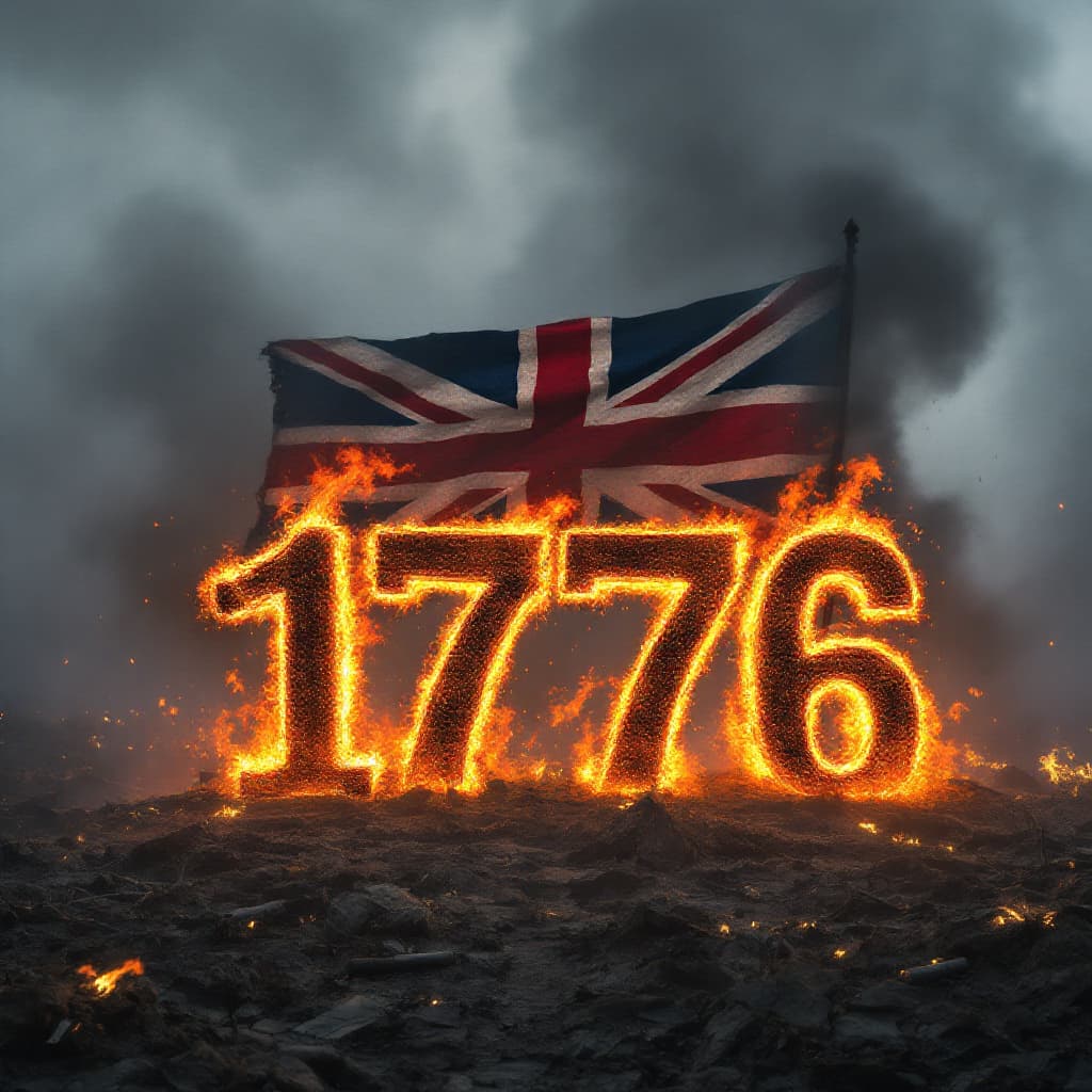 AI generated: 1."1776" in flaming iron letters, rising from a smoky battlefield with Grand Union Flag waving behin...