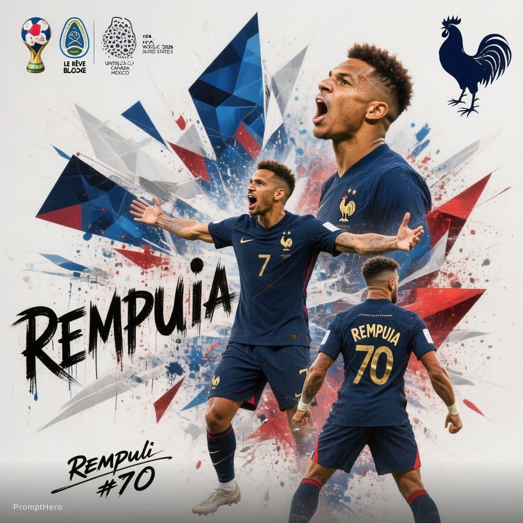 AI generated: Dynamic sports poster of Rempuia, France national team, FIFA World Cup 2026. Multiple poses collage:...