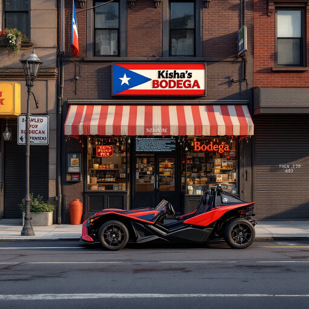 AI generated: a bodega IN A NEW YORK STYLE NEIGHBORHOOD. A black and red Slingshot car is parked in the street in ...