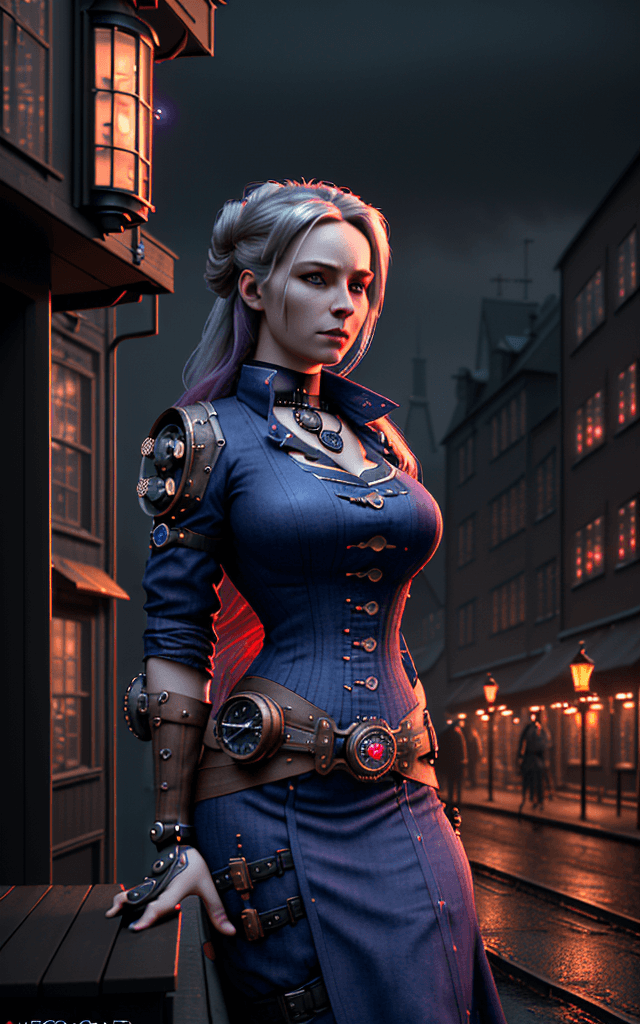 AI generated: 12K, HRD, film grain, 100 ASA. The image conteins beautiful scandinavian woman, steampunk, dark indi...