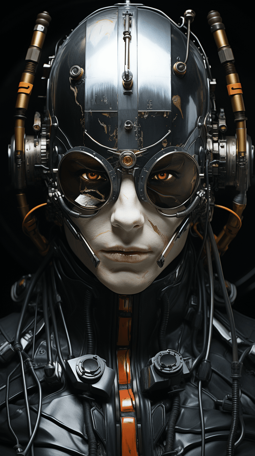 AI generated: cyberpsycho portrait by david lavoine, in the style of kathrin longhurst, metallic rotation, high-te...