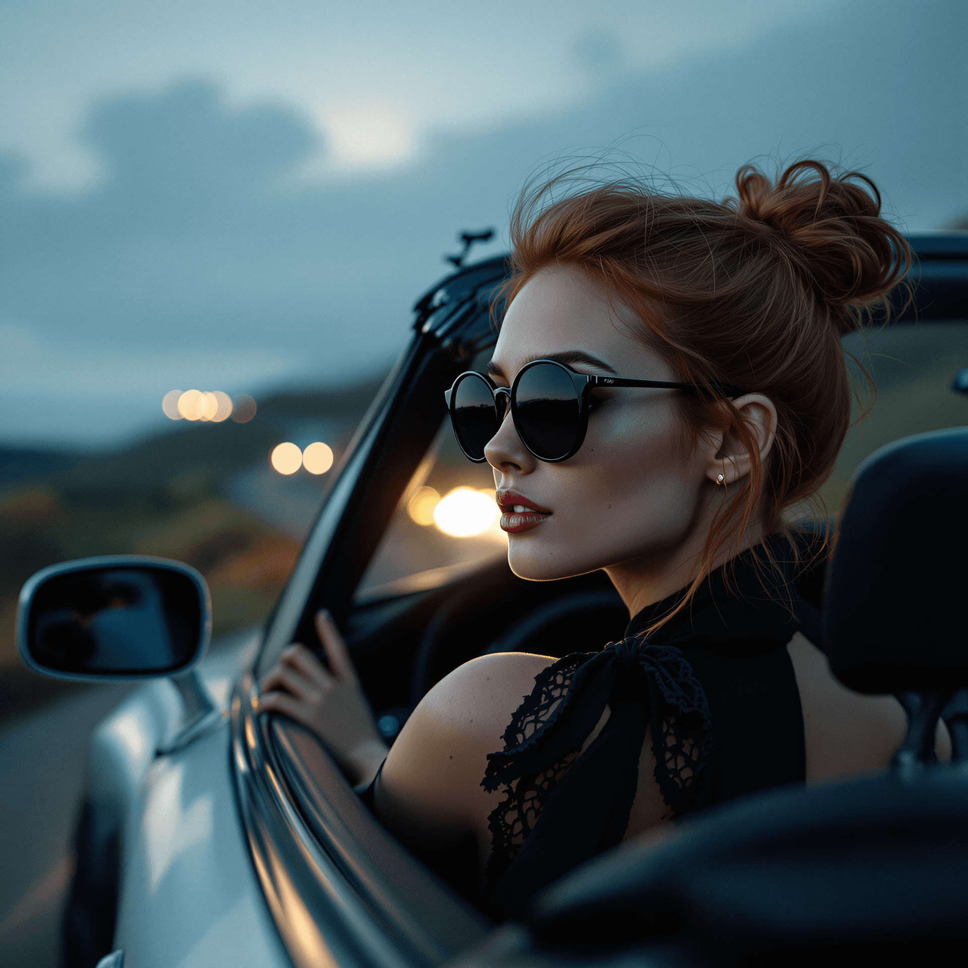 AI generated: High-resolution photograph of a slim, 36-year-old redheaded European woman driving a sleek cabriolet...