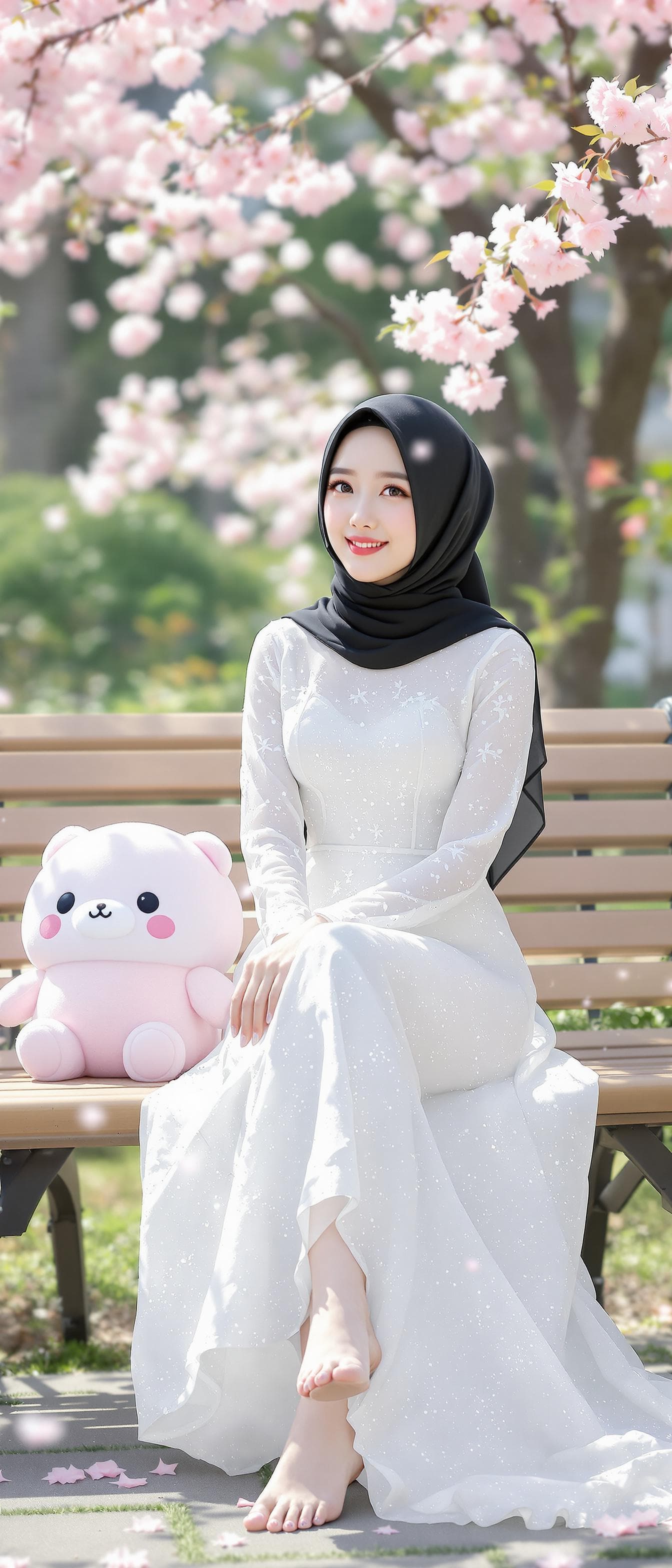 AI generated: 3D Render of a korean girl, outdoors, garden, cherry blossoms, sitting in a bench the arms on knee, ...
