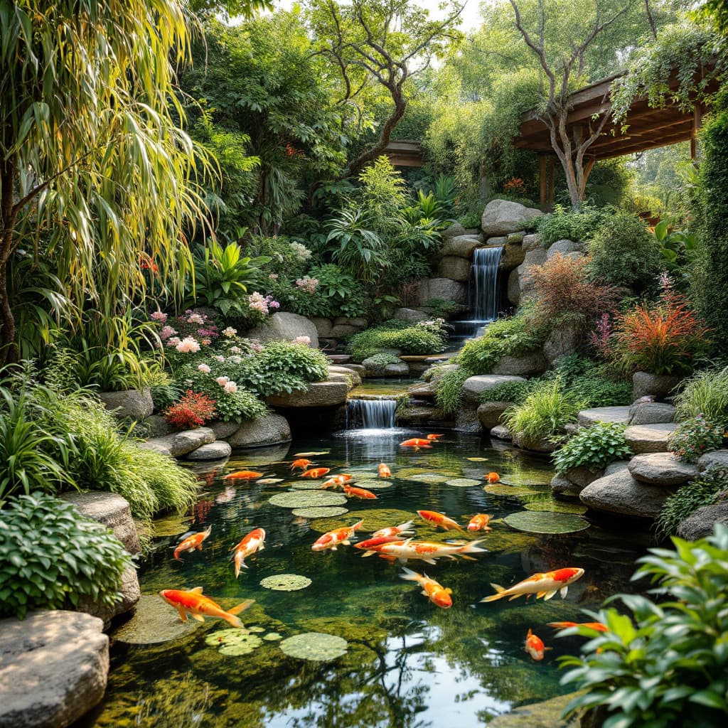 AI generated: photo réaliste d'un jardin luxuriant, avec un bassin de poissons, une cascade et de la végétation aq...
