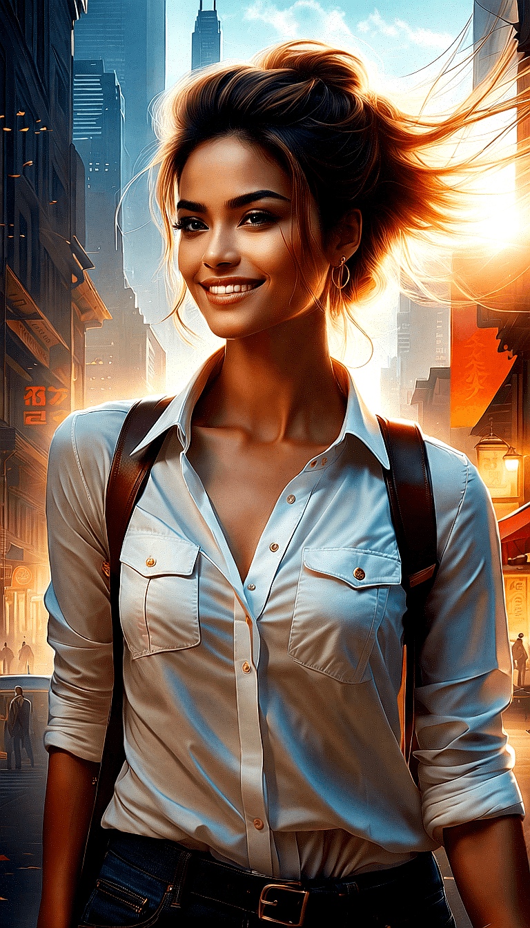AI generated: The image features a woman wearing a white shirt and a backpack, standing in front of a cityscape. S...