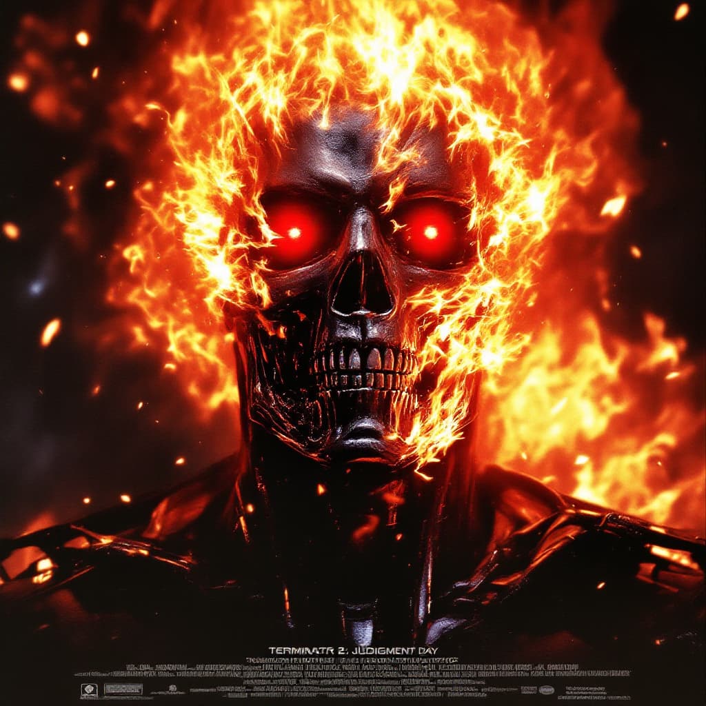 AI generated: Terminator 2: Judgment Day: A gritty movie poster featuring the T-800 emerging from flames, with a m...