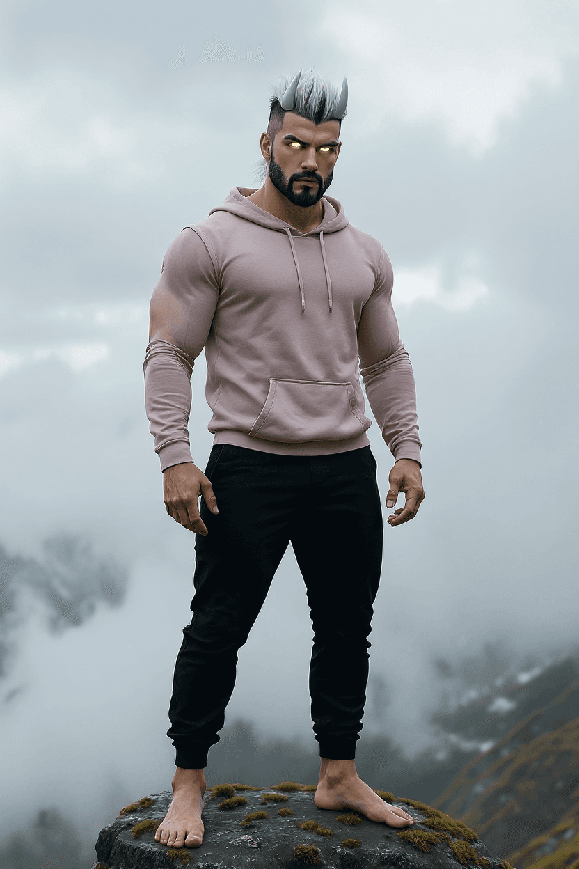 AI generated: A tall, muscular yet lean man stands on a moss-covered rock at the top of a mountain beneath a sky f...