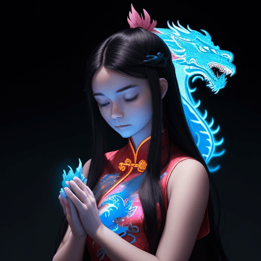 AI generated: A young woman with long dark hair wearing a traditional Chinese dress with a dragon design, with a g...