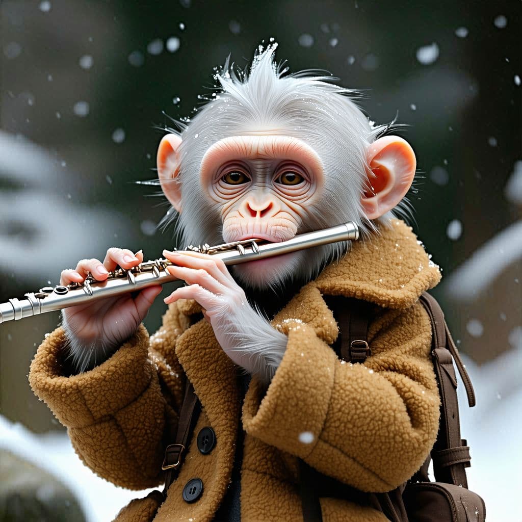AI generated: a young humanoid monky woman, transvers flute, fantasy figur, a brown puffy wool coat that looks ver...