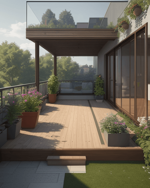 AI generated: Garden 1 meter long by 1 meter wide located on a balcony with a 1 meter parapet and with brown woode...