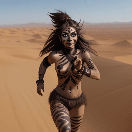 AI generated: a warrior princess running in a desert, with black face paint, dark brown long hair, brown big eyes,...