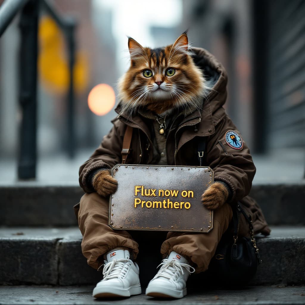 AI generated: anthropomorphic, a cat named ”street style KOL kitty” wearing dark brown flight jacket, holding a Fl...