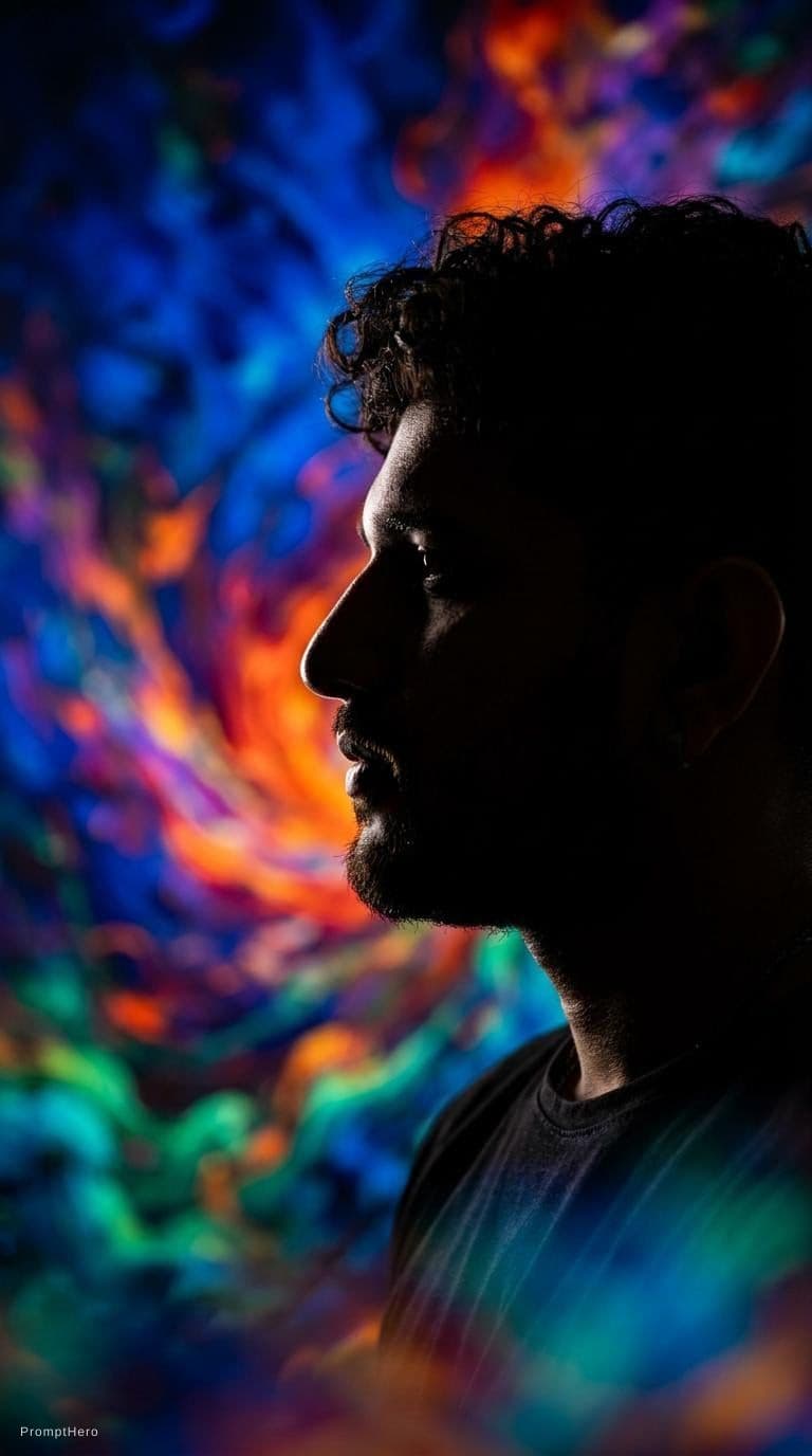 AI generated: photography, portrait. power of contrast, man model profile silhouette of a vibrant randomly color b...