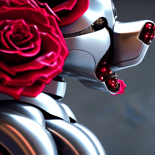 AI generated: beautiful metallic robot dog holding bright roses in hand close-up, cyberpunk, intricate artwork . o...