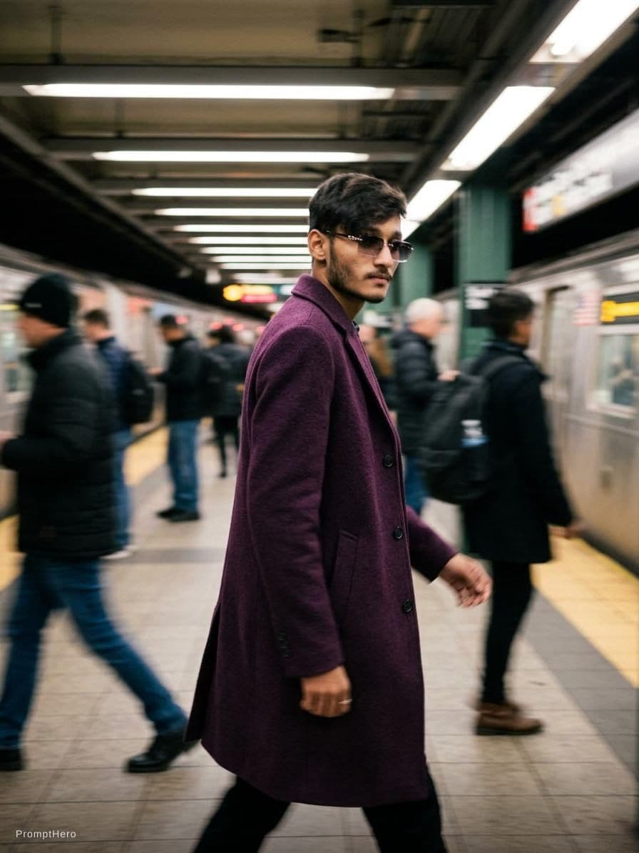 AI generated: fashion editorial photography, motion blur, male model, wearing an wool coat, deep purple color, wal...