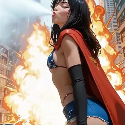 AI generated video: With the explosion roaring behind her and her cape blowing in the wind, the woman blows a kiss at th...