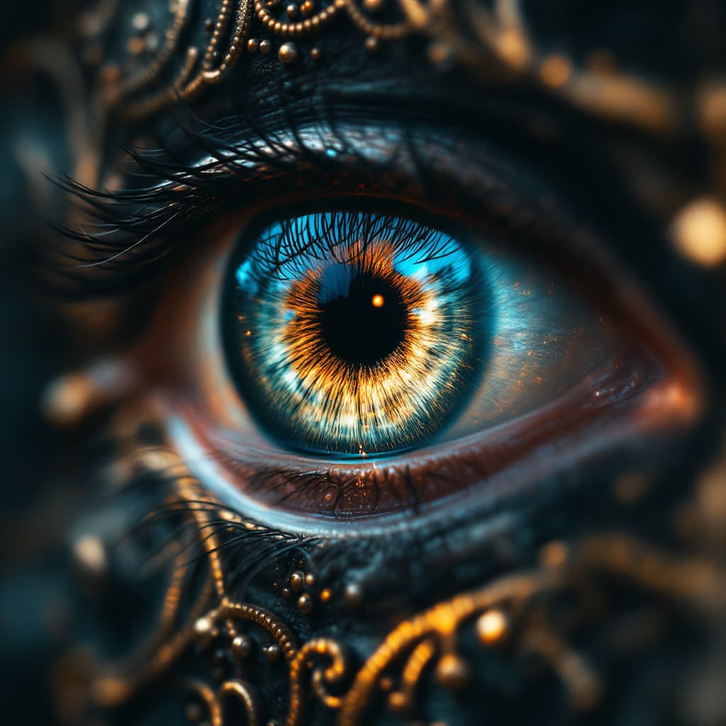 AI generated: extremely realistic, steampunk eye, full view of eye, blurry middle background, ornamental, macro sh...