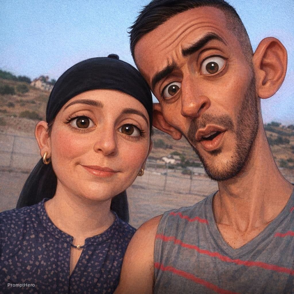 AI generated: funny caricature, adult man and woman (input Image), mid-30's, big cartoonish head, exaggerated cari...
