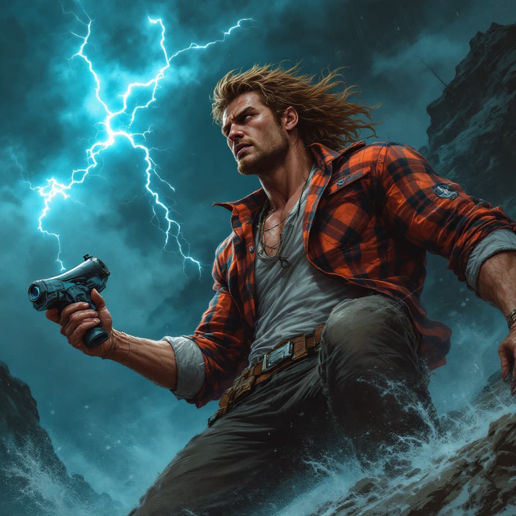 AI generated: A muscular storm interceptor in flannel shirt long sleeve  with short hair holding an weather radar,...