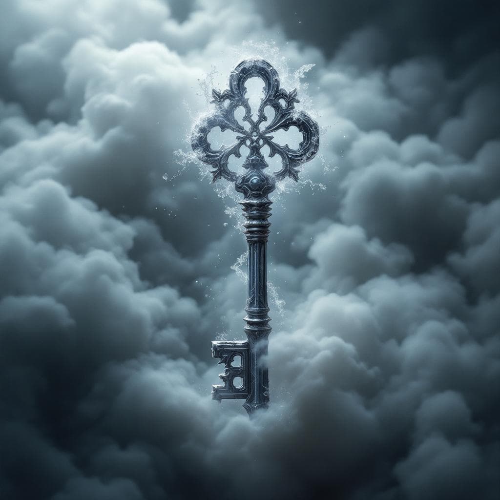 AI generated: Create a key made of Grey Agate with wind and sound merging at the hilt and the teeth of the keys ar...