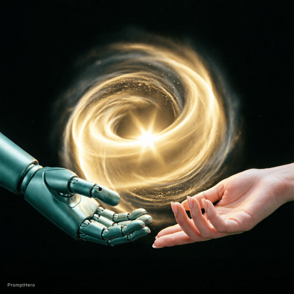 AI generated: 2 Hands. Hand 1: Robot hand, colour turquois metal, relaxed open palm downward. Hand 2: Human, femal...