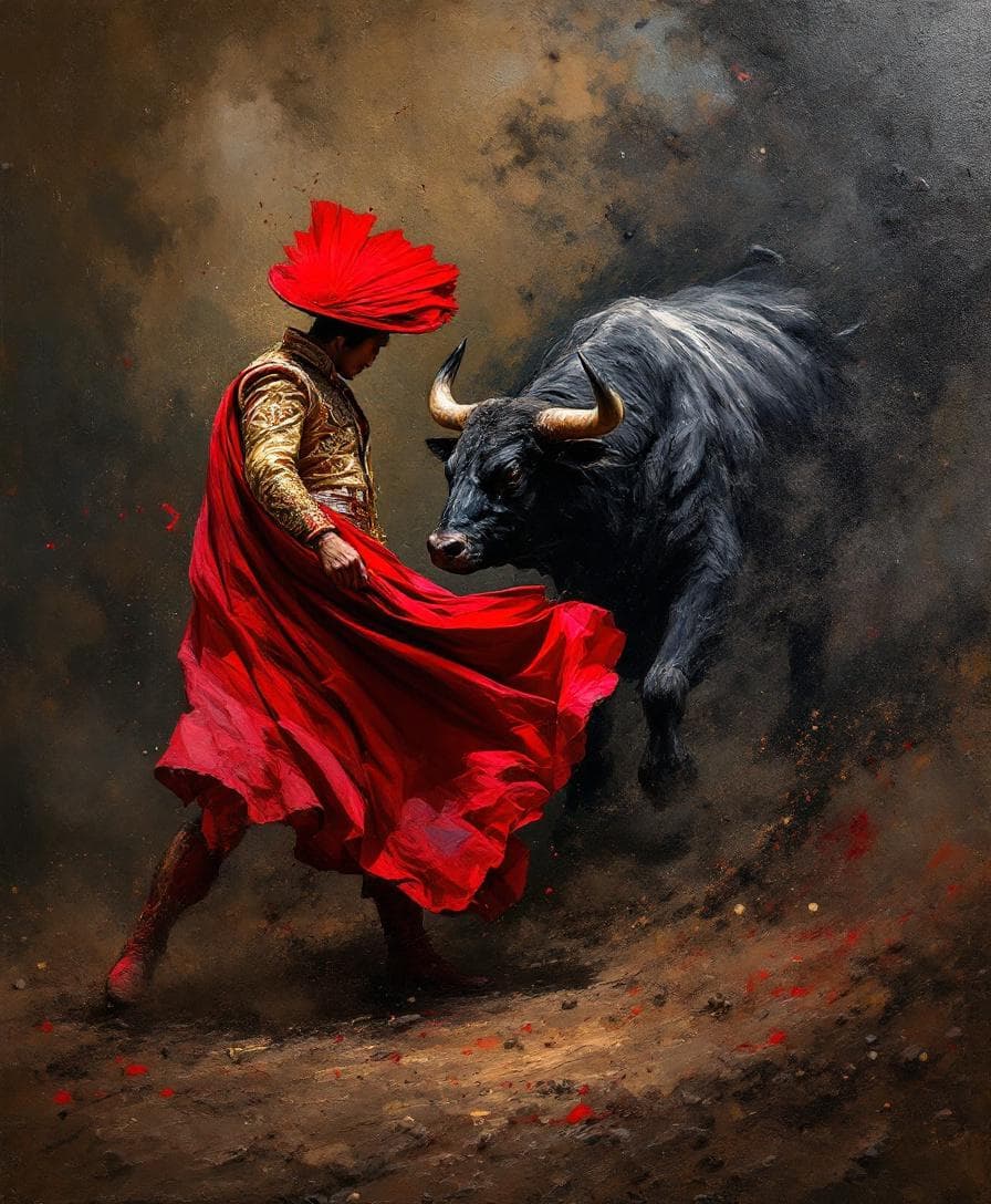 AI generated: A dramatic impasto oil painting in high relief, featuring a bullfighter and a charging bull as the c...