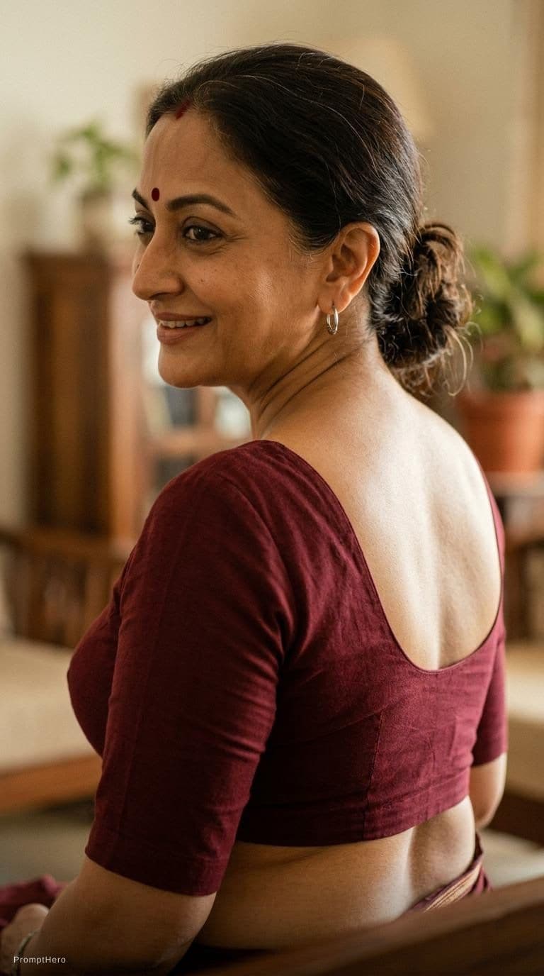 AI generated: Aunty in her blouse only with big body and back.