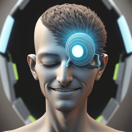 AI generated: man with a Futuristic iPhone fused to his brain, full body Blender 3D art, intense, closed eyes, smi...