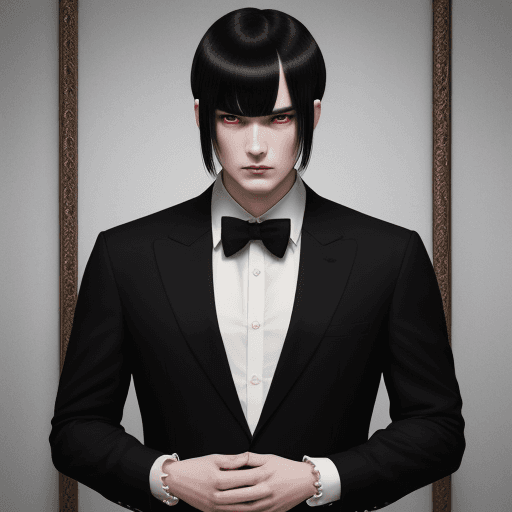 AI generated: mafia boss, 40 years old, 178 cm, pale skin, red eyes, short black hair with strand bangs, black sui...