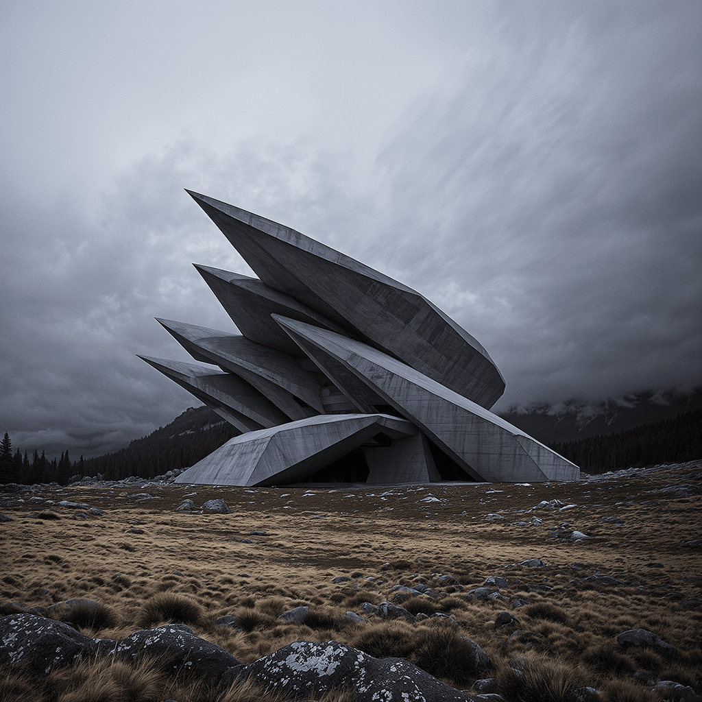 AI generated: dreamscape misty cloudy top of the rocky mountain, a person standing against huge concrete simplisti...