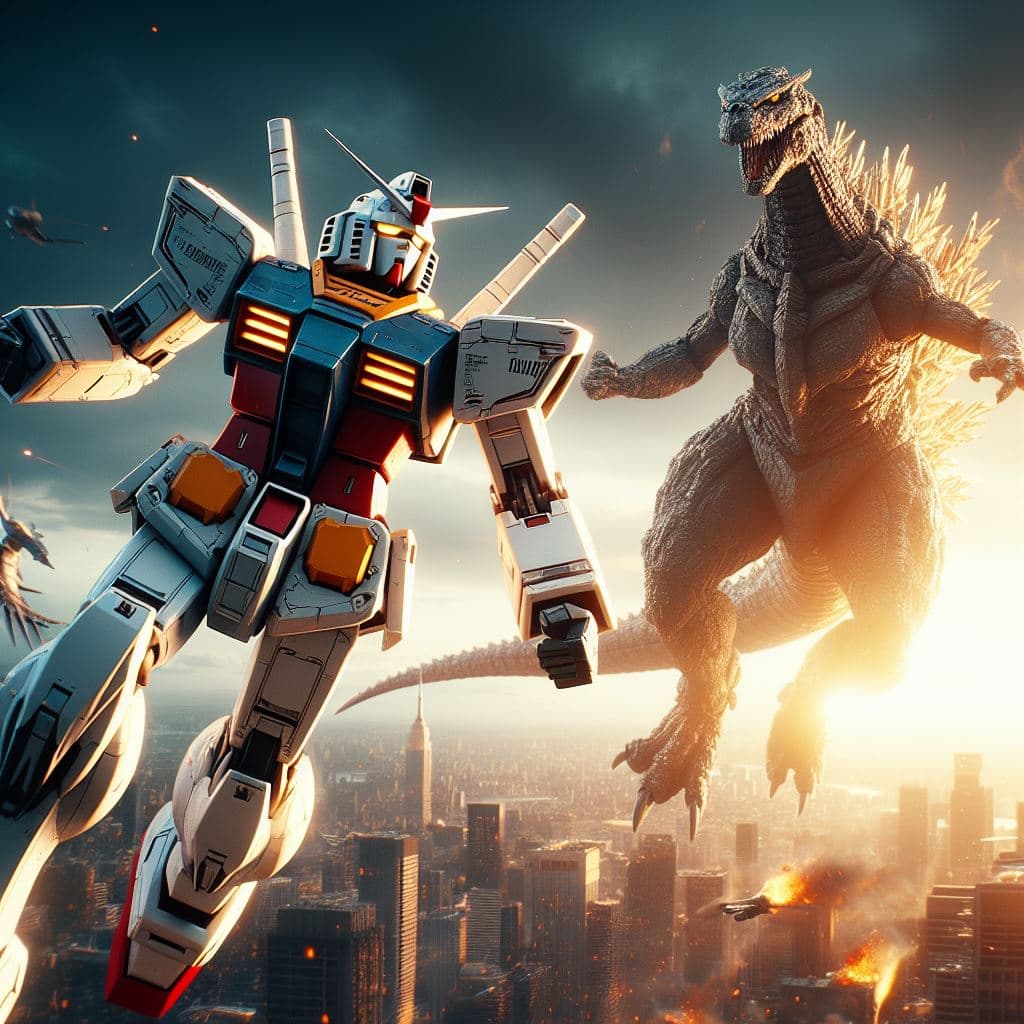 AI generated: Gundam haciendo el ataque final en el aire contra el Mechagodzilla (メカゴジラ Mekagojira), masterpiece, ...