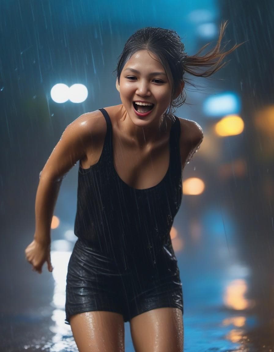 AI generated: Dancing in heavy rain, A beautiful lady, face and body are wet, messy bun hair 32k UHD, highly detai...