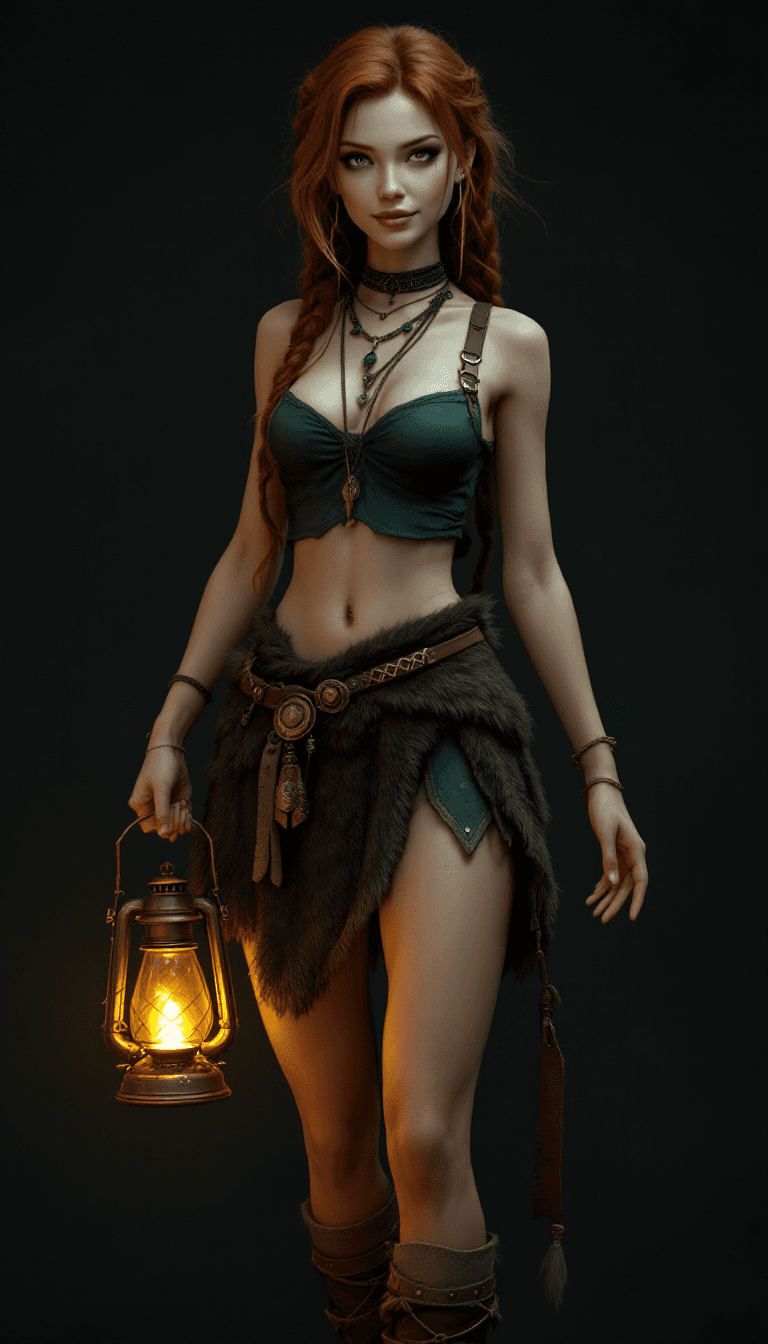 AI generated: A highly detailed CGI or photo artwork featuring a slender, fair-skinned woman with a confident, dyn...