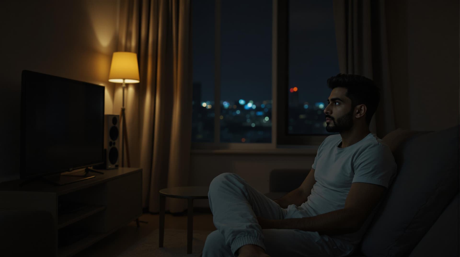 AI generated: "A cinematic frame of a quiet, dimly lit living room in Rahul’s flat. The room is modestly furnished...